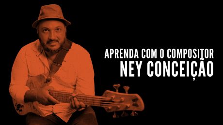 Ney Conceição segura seu contrabaixo Fodera com o título "Aprenda com o compositor - Ney Conceição"