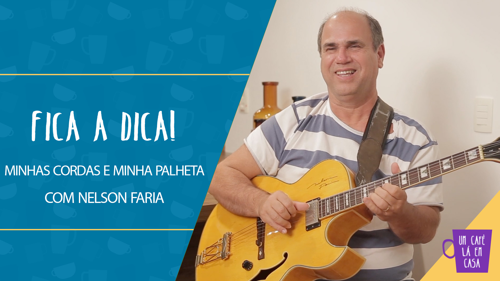 Nelson Faria segura sua guitarra condor com o título "minhas cordas e minha palheta"